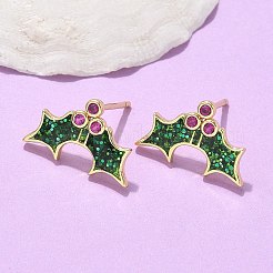 真鍮製マイクロパヴェキュービックジルコニアスタッドピアス  エナメルとパレット付き  ラックめっき  長持ちメッキ  鉛フリー＆カドミウムフリー  ヒイラギの葉  18KGP本金メッキ  10x16mm&nbsp;EJEW-Q015-08G