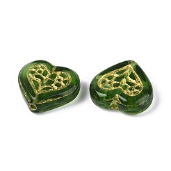 ガラスビーズ  ハート  ゴールドライン入り  グリーン  15.5x17x6mm  穴：1.2mm&nbsp;LAMP-N035-03G