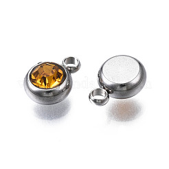 ステンレススチールラインストーンチャーム201個  誕生石チャーム  フラットラウンド  ステンレス鋼色  トパーズ  8.5x6x3mm  穴：1.5mm&nbsp;STAS-S068-18