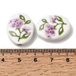 手描きの楕円形磁器ビーズ  花柄のセラミックビーズ  パープル  21.5x17x7.5mm  穴：2.4mm&nbsp;PR-CBA03B0-01C