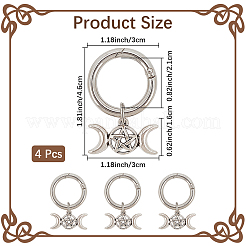 トリプル女神五芒星月合金靴チャーム4個  スプリングゲートリング付き  アンティークシルバー  46mm&nbsp;HJEW-CP00023
