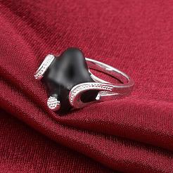 ファッショナブルな真鍮エナメル菱形の指輪  ブラック  銀  サイズ8  18.1mm&nbsp;RJEW-BB07415-8