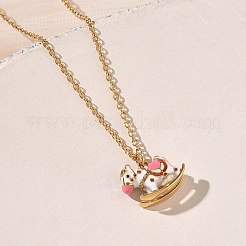 女性用304ステンレススチール製エナメル加工ロッキングホースペンダントネックレス  ゴールドカラー  ショッキングピンク  15.75インチ（40cm）&nbsp;NJEW-T022-01B