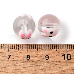 透明なガラスエナメルビーズ  手描きのビーズ  ウサギとのラウンド  ショッキングピンク  12.5~14x12x11.5mm  穴：1.6mm&nbsp;GLAA-N049-010