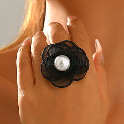 シフォン素材にプラスチックパールの指輪が付いた女性用指輪  花  ブラック  16~18mm&nbsp;XQ9924-2