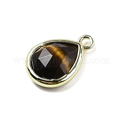 天然タイガーアイファセットペンダント  ラックメッキ金メッキ真鍮ティアドロップチャーム  14x9.5x4mm  穴：1.4mm&nbsp;G-U019-05G-11
