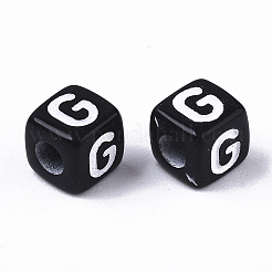 不透明なアクリルビーズ  水平穴  アルファベットスタイル  キューブ  ブラック＆ホワイト  文字.g  5x5x5mm  穴：2mm  約500個/50g&nbsp;X-SACR-N002-01G