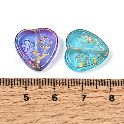 焼き付け塗料と金色の金属で覆われたガラスビーズ  花とハート  ミックスカラー  15.5x16x4mm  穴：1.2mm&nbsp;GL-CBA1477-21