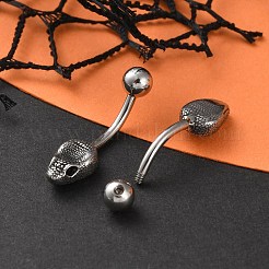 スネークヘッド 316 サージカルステンレス キュービックジルコニア へそリング  へそピアス  女性用カーブバーベルボディジュエリー  アンティークシルバー  ブラック  25.5x7mm&nbsp;EJEW-G416-16AS-02
