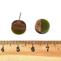 不透明な樹脂とクルミ材のスタッドピアス  316ステンレススチールピン付き  フラットラウンド  ダークオリーブグリーン  10mm  ピン：0.7mm&nbsp;X-EJEW-N017-008-B08