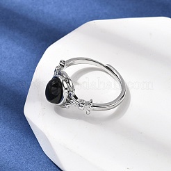 天然な黒瑪瑙の指輪  ラックメッキ真鍮のパーツ  プラチナ  11mm  内径：18mm&nbsp;RJEW-A084-03P-05