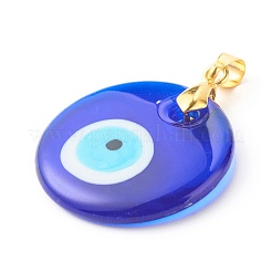 手作りナザールボンジュウランプワークペンダント  真鍮のピンチベイルと  フラットラウンド  ミディアムブルー  30x5mm  穴：4x5mm&nbsp;PALLOY-JF00847-02
