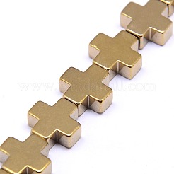 電気メッキ磁気無し合成ヘマタイトビーズ連売り  クロス  黄金メッキ  10x10x4mm  穴：1mm  約：39個/連  15.7インチ&nbsp;G-I096-01