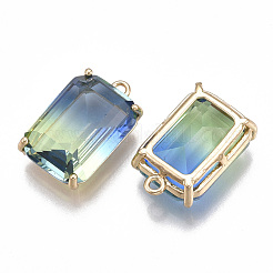 ツートングラスペンダント  真鍮パーツ  多面カット  長方形  ゴールドカラー  カラフル  20.5x13x8mm  穴：1.5mm&nbsp;GLAA-S179-03B