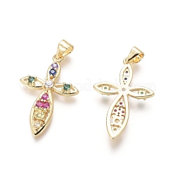 金メッキ真鍮ペンダント  カドミウムフリー＆鉛フリー  キュービックジルコニア付き  クロス  カラフル  27x17x3mm  穴：3x3.5mm&nbsp;ZIRC-L087-009G
