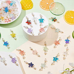 グラデーションカラーベーキングペイント透明ガラスヒトデ＆ABSプラスチック模造真珠コネクタチャーム50個  304ステンレススチールダブルループ付き  ゴールドカラー  ミックスカラー  39x15x7mm  穴：2.5mm&nbsp;PALLOY-AR00033