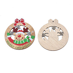クリスマステーマの片面プリントウッドビッグペンダント  トナカイ/クワガタ  カラフル  95x85x2.5mm  穴：2.5mm&nbsp;WOOD-N005-61