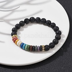 染色されたカラフルな天然溶岩石ビーズストレッチブレスレット  ゴールドカラー  内径：2-3/8インチ（6cm）&nbsp;BJEW-JB09683-01