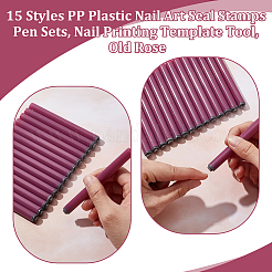 15個 15スタイル PPプラスチックネイルアートシールスタンプペンセット  ネイルプリントテンプレートツール  オールドローズ  10.4x1cm  1個/スタイル&nbsp;MRMJ-WH0075-131A