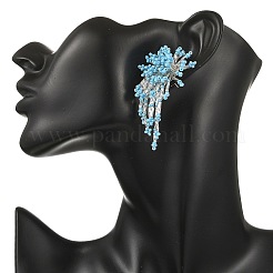 女性用ガラスシードビーズスタッドピアス  花  タッセルピアス  プラチナ  ブルー  55x27mm&nbsp;EJEW-MZ00760-01