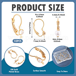 フラットラウンド真鍮ガラスフレンチフックピアス金具10個  カン付き  18KGP本金メッキ  19x4.5x11mm  穴：0.8mm  ピン：0.9mm&nbsp;KK-TADJ0001-18
