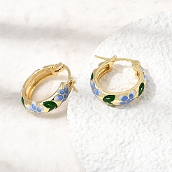 女性用真鍮エナメルフープピアス  花  ゴールドカラー  ディープスカイブルー  20x18.5x5mm&nbsp;EJEW-K335-01G-01