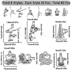 80pcs8スタイルチベットスタイルアロイペンダント  体操のテーマ  アンティークシルバー  15.5~30x10~15.6x2.5~9mm  穴：1.4~2mm  10個/スタイル&nbsp;FIND-SC0007-34