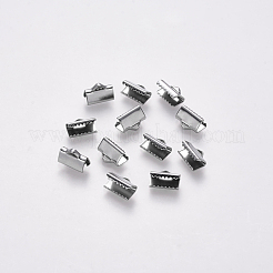 変色しない304ステンレススチールリボンカシメエンドパーツ  ステンレス鋼色  7x10mm  穴：1.5x2mm&nbsp;X-STAS-S112-001C-P