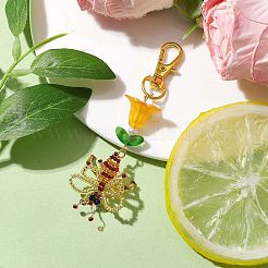 ミツバチの手作りガラスシードビーズペンダント装飾  バッグの飾りに使えるアクリル製の花と回転式カニカンチャーム  ゴールドカラー  100mm&nbsp;HJEW-MZ00069-01