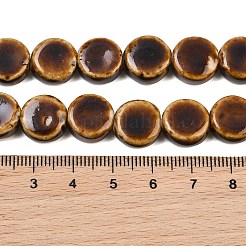 ヴィンテージスタイルの釉薬をかけた磁器ビーズ  斑点模様のフラットラウンドいセラミックビーズ  ココナッツブラウン  12.5~13x7mm  穴：1.5mm  約30個/連  13.78''（35センチメートル）&nbsp;PORC-B002-12-03