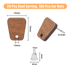 台形ウォールナットウッドスタッドピアス金具20組  100個のプラスチック製イヤーナット付き  ペルー  14x12mm  穴：1.8mm  ピン：0.7mm&nbsp;MAK-HY0001-04