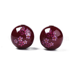 オペークプリントアクリルビーズ  花の丸  暗赤色  9x9.5mm  穴：1.8mm&nbsp;MACR-T043-03D