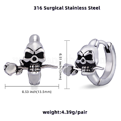 316ステンレススチール製スカルとローズフープピアス、男性用、女性用  アンティークシルバー  13x13.5x17mm  ピン：0.9mm&nbsp;EJEW-SZ0001-94