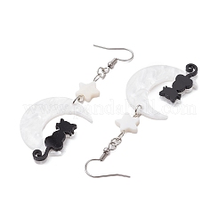 アクリルダングルピアス  シェルビーズ付き  猫と月  プラチナ  スター  76.5x26.5mm&nbsp;EJEW-JE06333-03