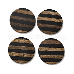 不透明な樹脂とクルミ材のペンダント  ストライプ フラットラウンド チャーム  ブラック  38.5x2.5mm  穴：2mm&nbsp;WOOD-F012-01