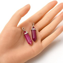 天然瑪瑙染めダブルターミネートポインテッドペンダント2個。  ファセット弾チャーム  ランダムアロイペンダント六角形ビーズキャップベイル付き  プラチナ  37~40x12mm  穴：3x4mm&nbsp;G-YW0002-05E