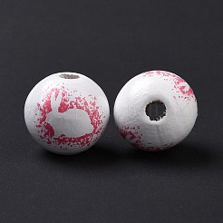 イースターのテーマ プリント ウッド ヨーロピアン ビーズ  大穴ビーズ  うさぎ柄の丸  カメリア  16x14.5mm  穴：4mm&nbsp;X-WOOD-C002-10C