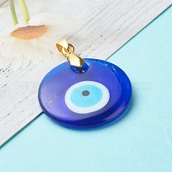 手作りナザールボンジュウランプワークペンダント  真鍮のピンチベイルと  フラットラウンド  ミディアムブルー  30x5mm  穴：4x5mm&nbsp;PALLOY-JF00847-02