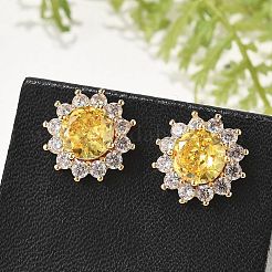 女性用フラワー真鍮マイクロパヴェクリアキュービックジルコニアスタッドピアス  カドミウムフリー＆鉛フリー  長持ちメッキ  ラックめっき  ゴールドカラー  12.5mm&nbsp;EJEW-G428-17G