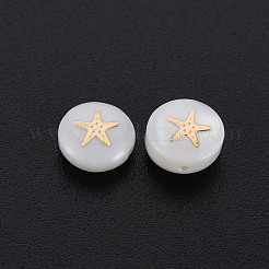 天然淡水シェルビーズ  金メッキ真鍮金属装飾付き  スターとフラットラウンド  貝殻色  8x3.5mm  穴：0.7mm&nbsp;SHEL-S278-063