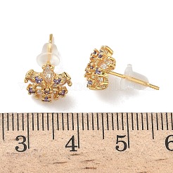 スノーフレーク真鍮マイクロパヴェキュービックジルコニアスタッドピアス  ニッケルフリー  18KGP本金メッキ  パープル  9.5x10mm&nbsp;EJEW-Z152-02G-01