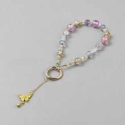 ガラスとアクリルビーズの携帯電話ストラップ  蝶の合金エナメルペンダント付き  プラム  160mm&nbsp;AJEW-SZC0003-05A