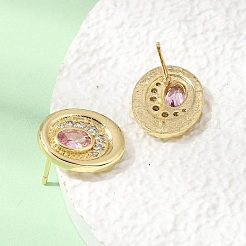 真鍮製マイクロパヴェキュービックジルコニアスタッドピアス  オーバル  ラックめっき  長持ちメッキ  カドミウムフリー＆鉛フリー  18KGP本金メッキ  ミスティローズ  15.5x12.5mm&nbsp;EJEW-G471-13G