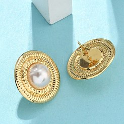 201ステンレススチールスタッドピアス  304ステンレス鋼のピンとABSプラスチックの模造真珠付き  PVD真空メッキ  長持ちメッキ  フラットラウンド  25mm&nbsp;EJEW-D354-08G-01