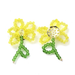 手作りのガラスビーズ編みカボション  DIYジュエリー作りの工芸品  真鍮のパーツと  花  きいろ  40~43x25~30x7~7.5mm&nbsp;GLAA-C028-01B