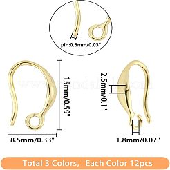 真鍮のピアスフック  水平ループ付き  ミックスカラー  15x8.5x2.5mm  穴：1.8mm  20ゲージ  ピン：0.8mm  3色  6pairs / color  18のペア/箱&nbsp;KK-FH0001-30