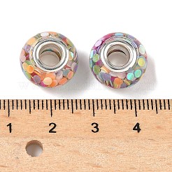 透明樹脂ロンデルヨーロピアンビーズ  ディスクパイエットとプラチナトーンの真鍮コア付き  大穴ビーズ  カラフル  14x8.5mm  穴：5mm&nbsp;RESI-S023-20