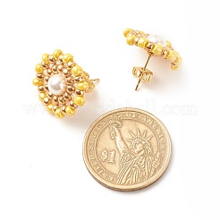 シェルパール＆グラスシード フラワースタッドピアス  女性用ゴールデン 304 ステンレス ワイヤー ラップ ジュエリー  きいろ  19mm  ピン：0.7mm&nbsp;EJEW-JE04921-01