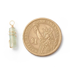 天然石蛍石ペンダント  金色の銅線を巻いた  コラムチャーム  18.5~20x5~5.5mm  穴：2.5mm&nbsp;PALLOY-JF01817-01