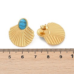 ファン 304 ステンレススチール 合成ターコイズ スタッドピアス 女性用  イオンプレーティング（ip）  18KGP本金メッキ  23x20.5mm&nbsp;EJEW-U046-17A-G